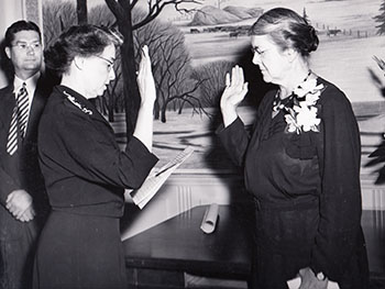 Martha Eliot, M.D., takes the oath of office as Chief of the Children's Bureau in 1951. (National Archives)